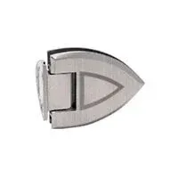 A close up of a stainless steel door hinge on a white background.