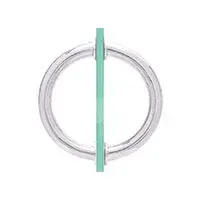 A close up of a ring shaped door handle with glass in the middle on a white background.