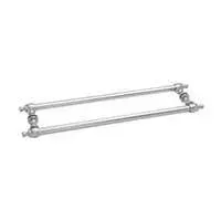 A stainless steel towel bar with two handles on a white background.