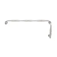 A stainless steel towel bar with a handle on a white background.
