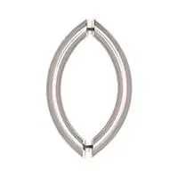 A close up of a stainless steel door handle on a white background.