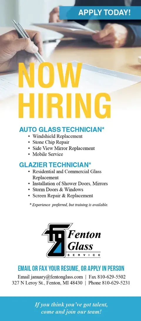 A flyer for fenton glass says that they are now hiring