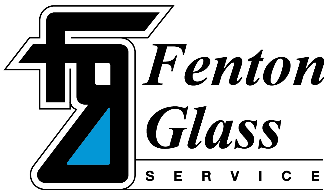 The fenton glass service logo is black and blue and says fenton glass service.