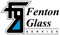 The fenton glass service logo is black and blue and says fenton glass service.
