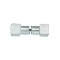 A close up of a glass door knob on a white background.