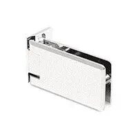 A close up of a stainless steel door hinge on a white background.