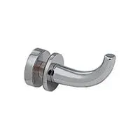 A close up of a stainless steel hook on a white background.