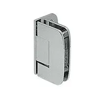 A close up of a glass door hinge on a white background.