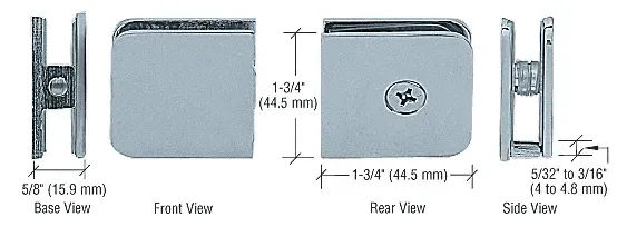 A picture of a door hinge showing the front , rear and side views.