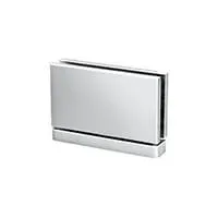 A stainless steel door hinge for a glass door on a white background.