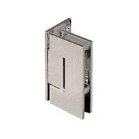 A close up of a stainless steel door hinge on a glass door.