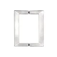 A picture of a stainless steel door handle on a white background.