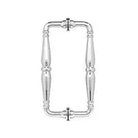 A picture of a chrome door handle on a white background.