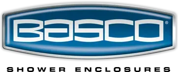 The logo for basco shower enclosures is blue and white.