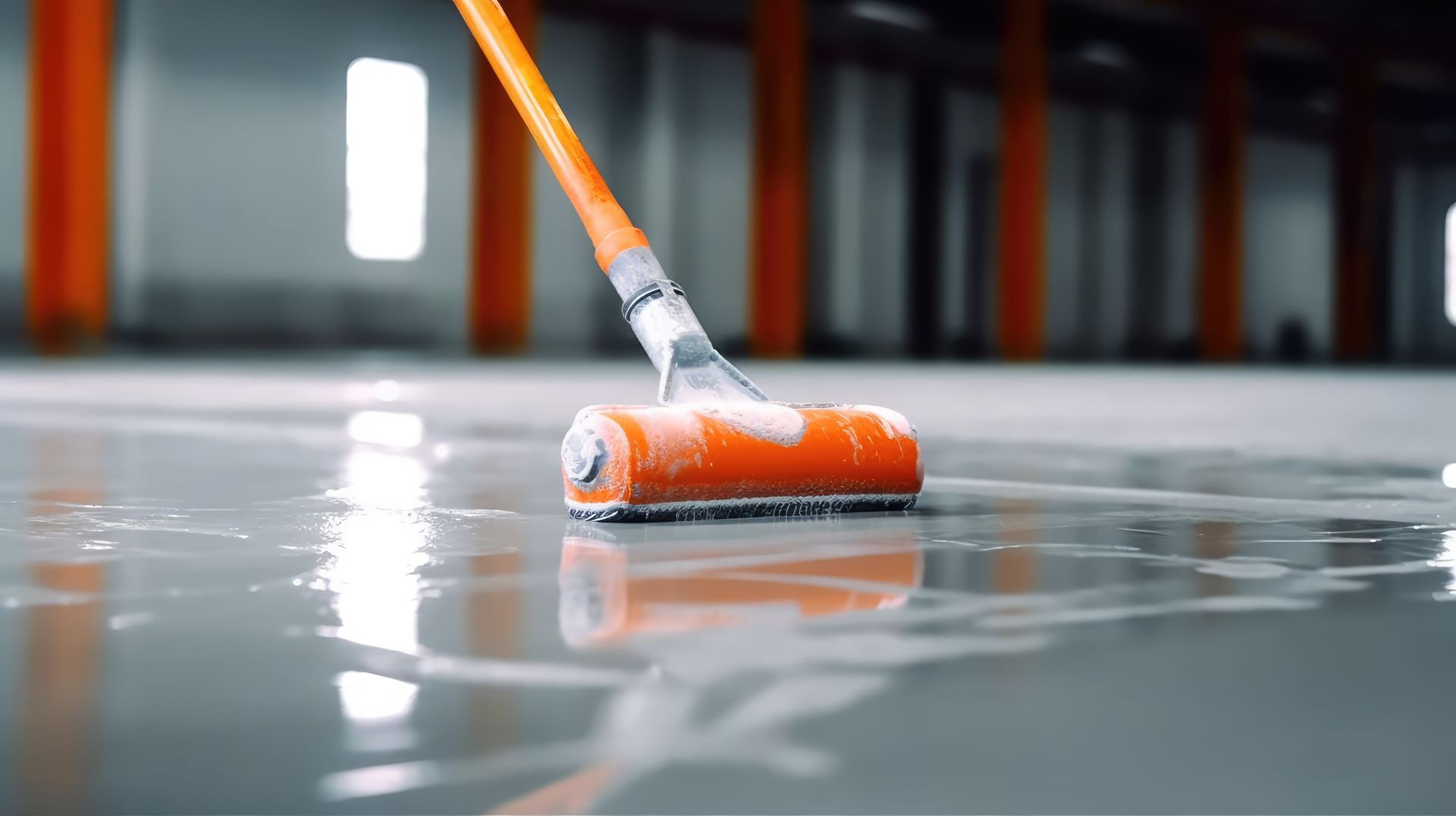 A person is painting a concrete floor with a roller.