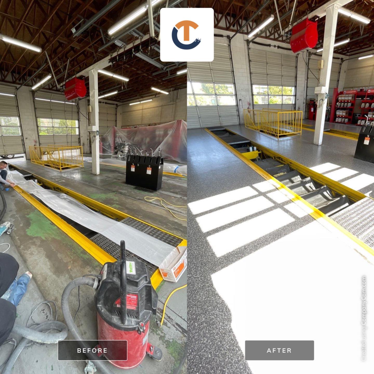 Before and after of new floor for Sierra Lube Express
