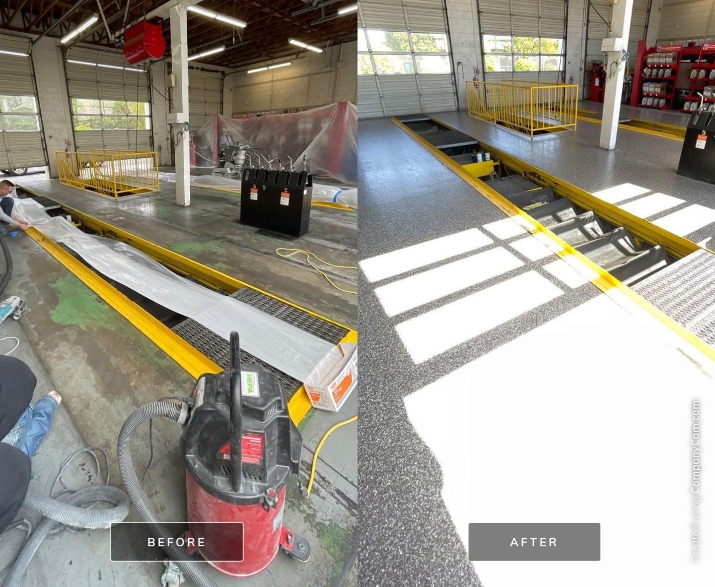 a before and after photo of a garage with a vacuum cleaner