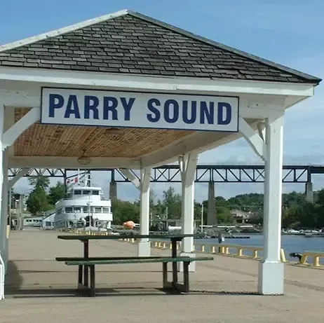 a gazebo with a sign that says parry sound