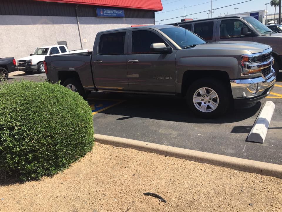 Gray pickup truck parked in a parking lot with a bush in the foreground and a building in the background.