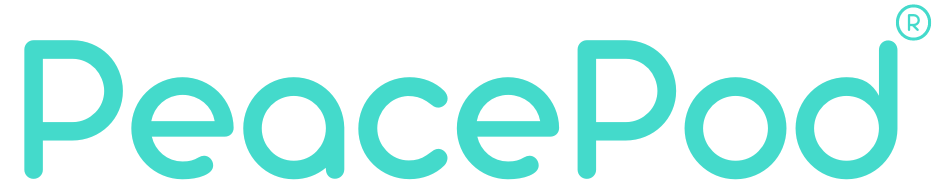 The peacepod logo is blue and white on a white background.