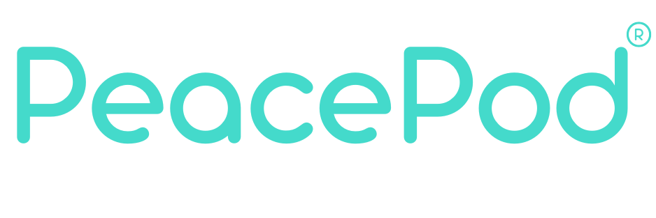 The peacepod logo is the word peacepod in aqua blue on a transparent background.