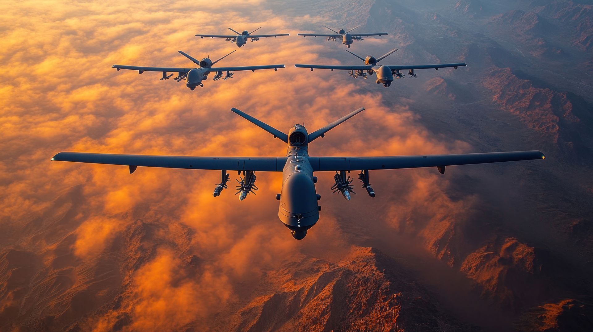 A group of military drones are flying in formation over a mountain range.