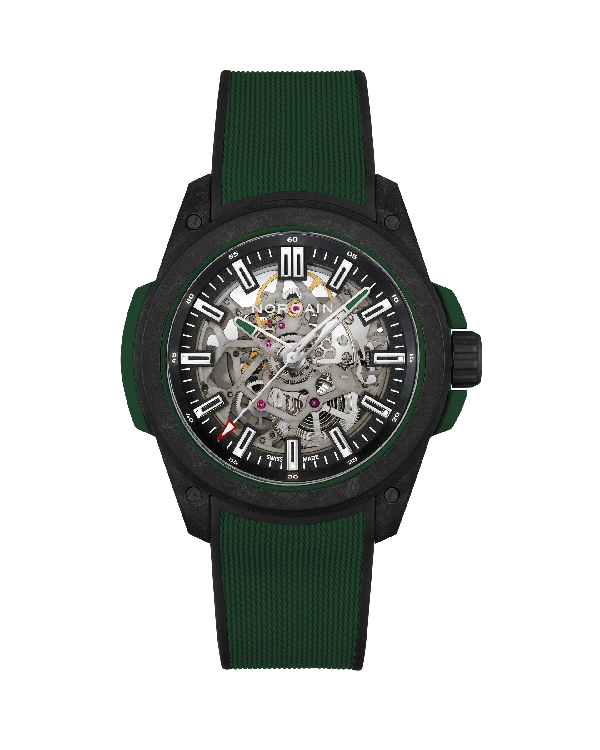 Orologio scheletrato nero e verde con cinturino verde, che mostra i meccanismi interni.
