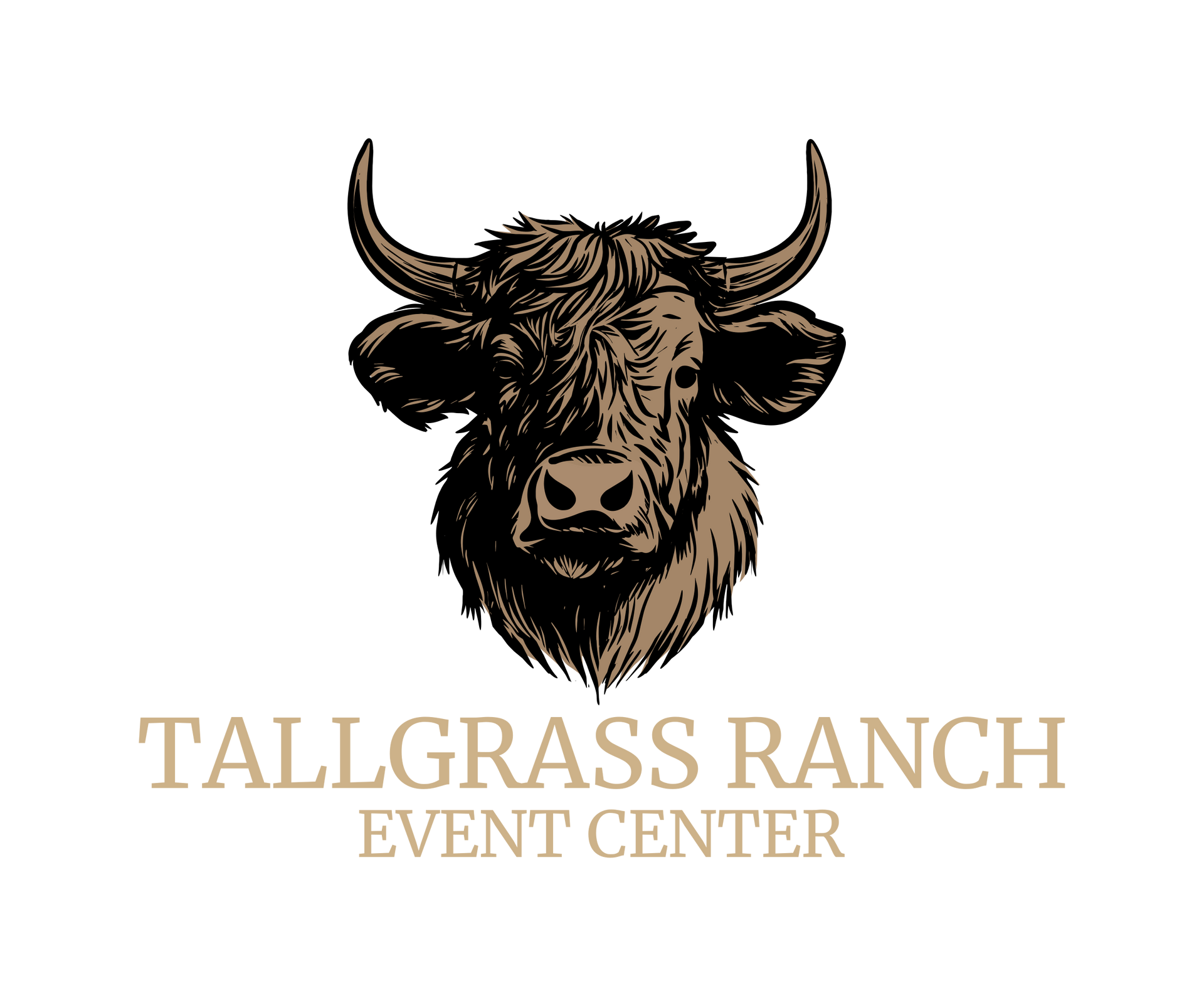 Logo for Tallgrass Ranch Event Center, featuring a sketched bull head and text.