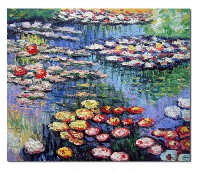 Dipinto impressionista di ninfee e fiori su uno stagno blu-verde con riflessi di una cascata.