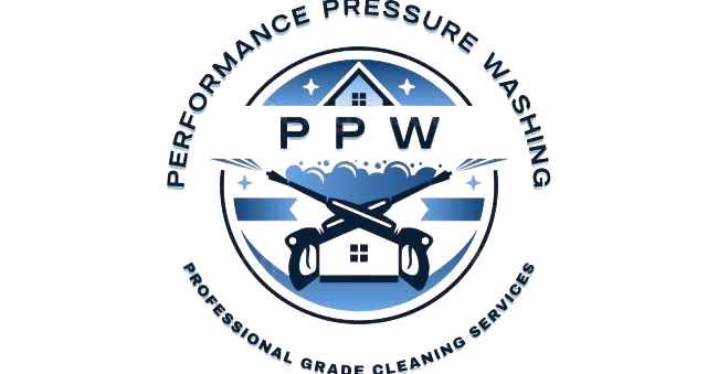 Logo for Performance Pressure Washing featuring crossed pressure washers and a house icon, blue and white.