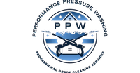 Logo for Performance Pressure Washing featuring crossed pressure washers and a house icon, blue and white.