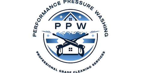 Logo for Performance Pressure Washing featuring crossed pressure washers and a house icon, blue and white.