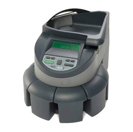 A coin counting machine is sitting on a table on a white background.