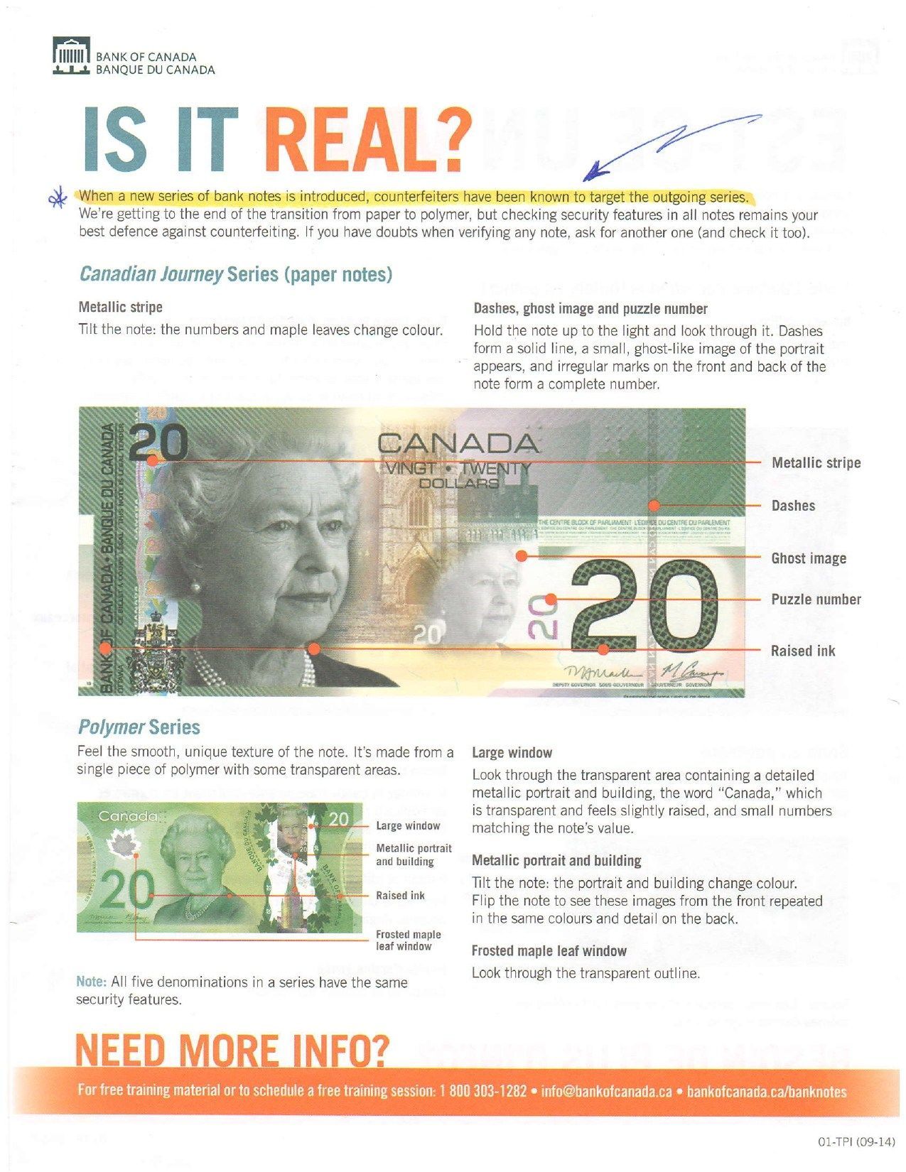 A canadian 20 dollar bill with a picture of queen elizabeth ii on it.