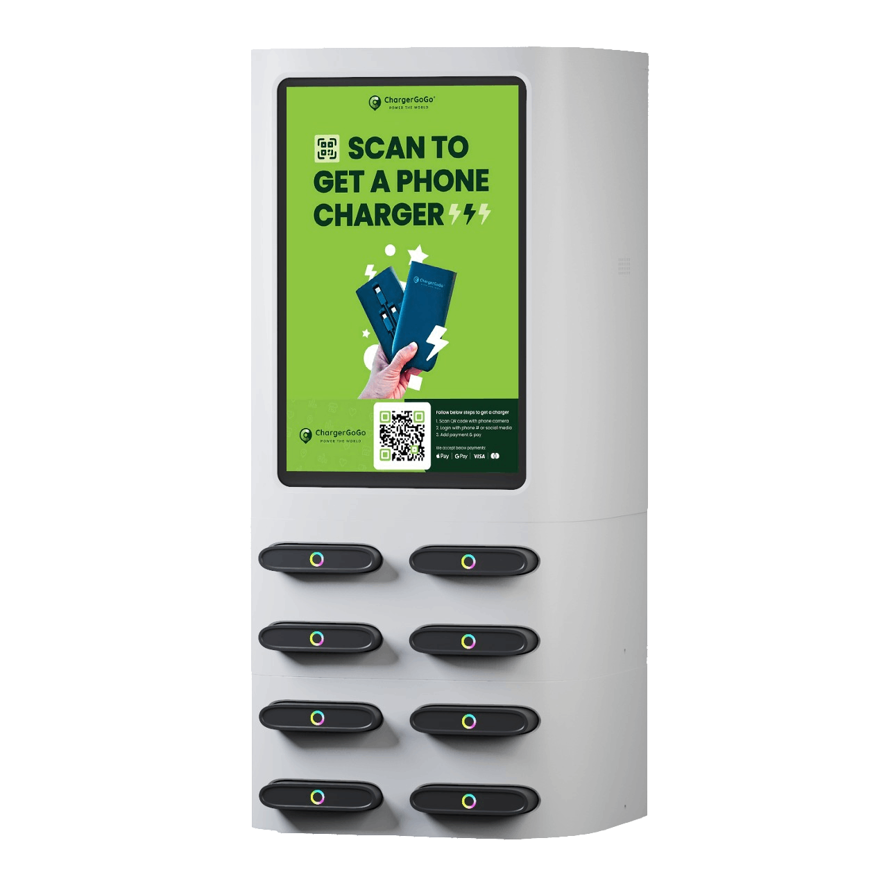 A phone charger with a screen that says `` scan to get a phone charger ''.