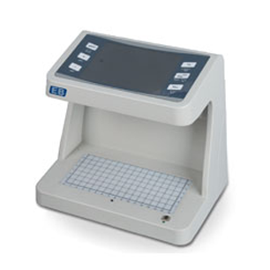 A white machine with a blue screen and buttons on it