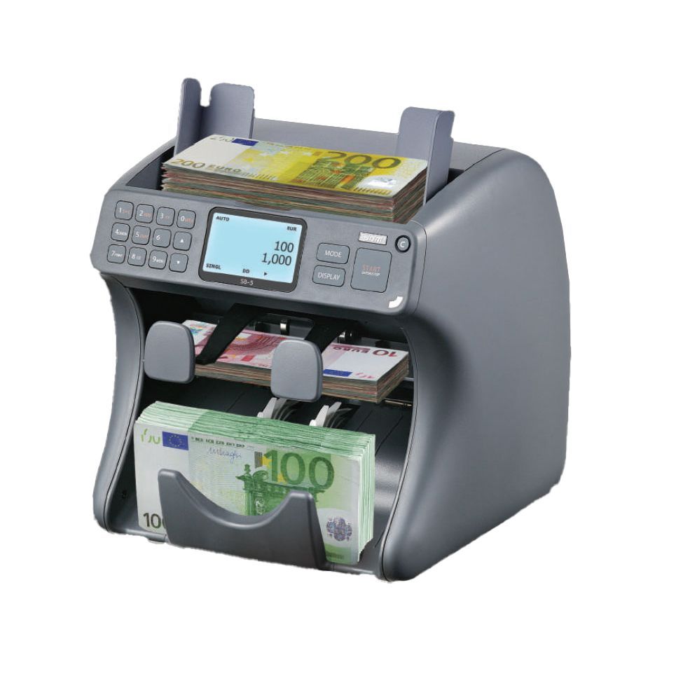 A money counting machine with a stack of 100 euro bills in it.