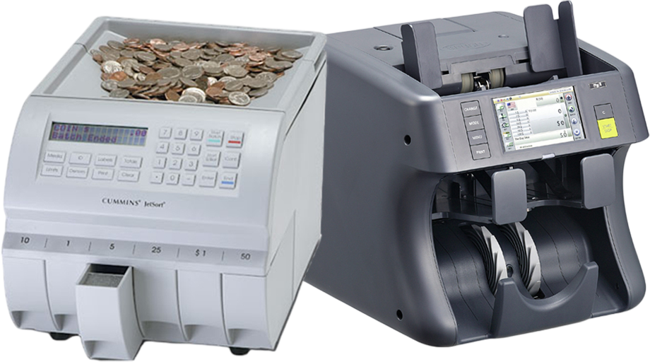 A machine that is counting coins and a machine that is counting money