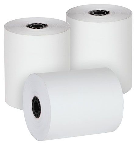 Three rolls of thermal paper are stacked on top of each other on a white background.