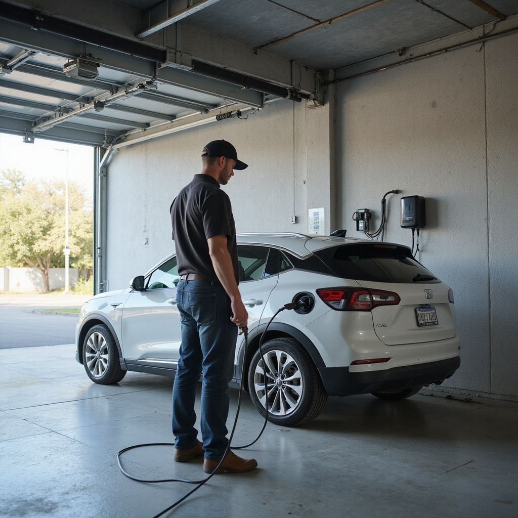 Man standing beside a white SUV in a garage, holding a cable near the rear wheel