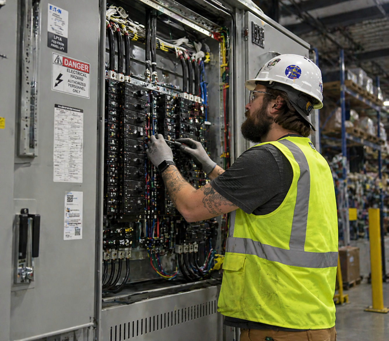 Worker in hard hat and reflective vest wiring an open electrical control panel in an industrial facility