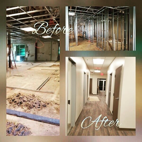 A before and after photo of a building under construction