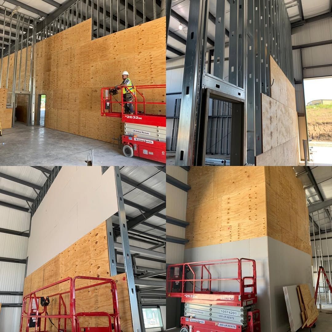 A collage of four pictures of a building under construction