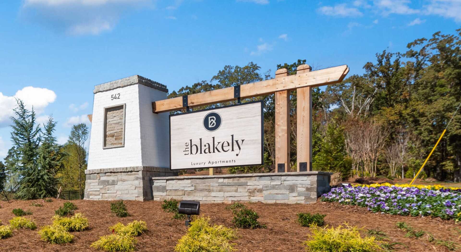 The Blakely apartment community sign.