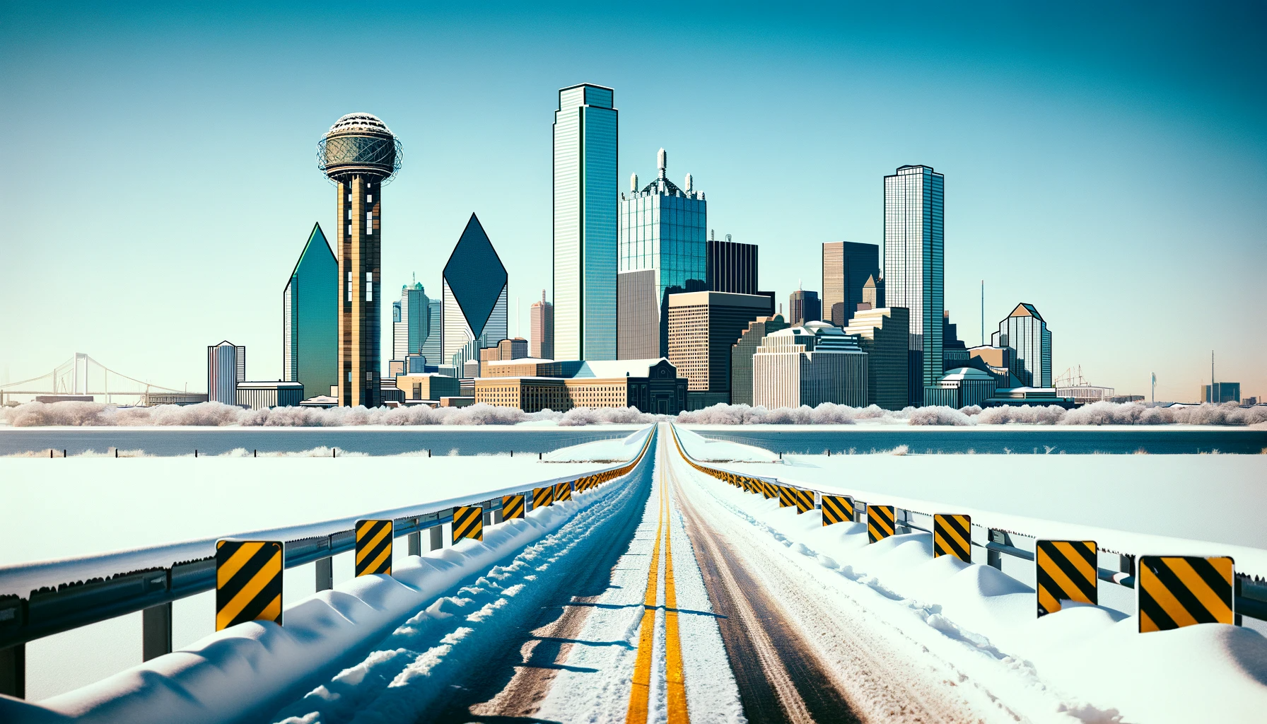 Dallas skyline in the middle of a snow storm