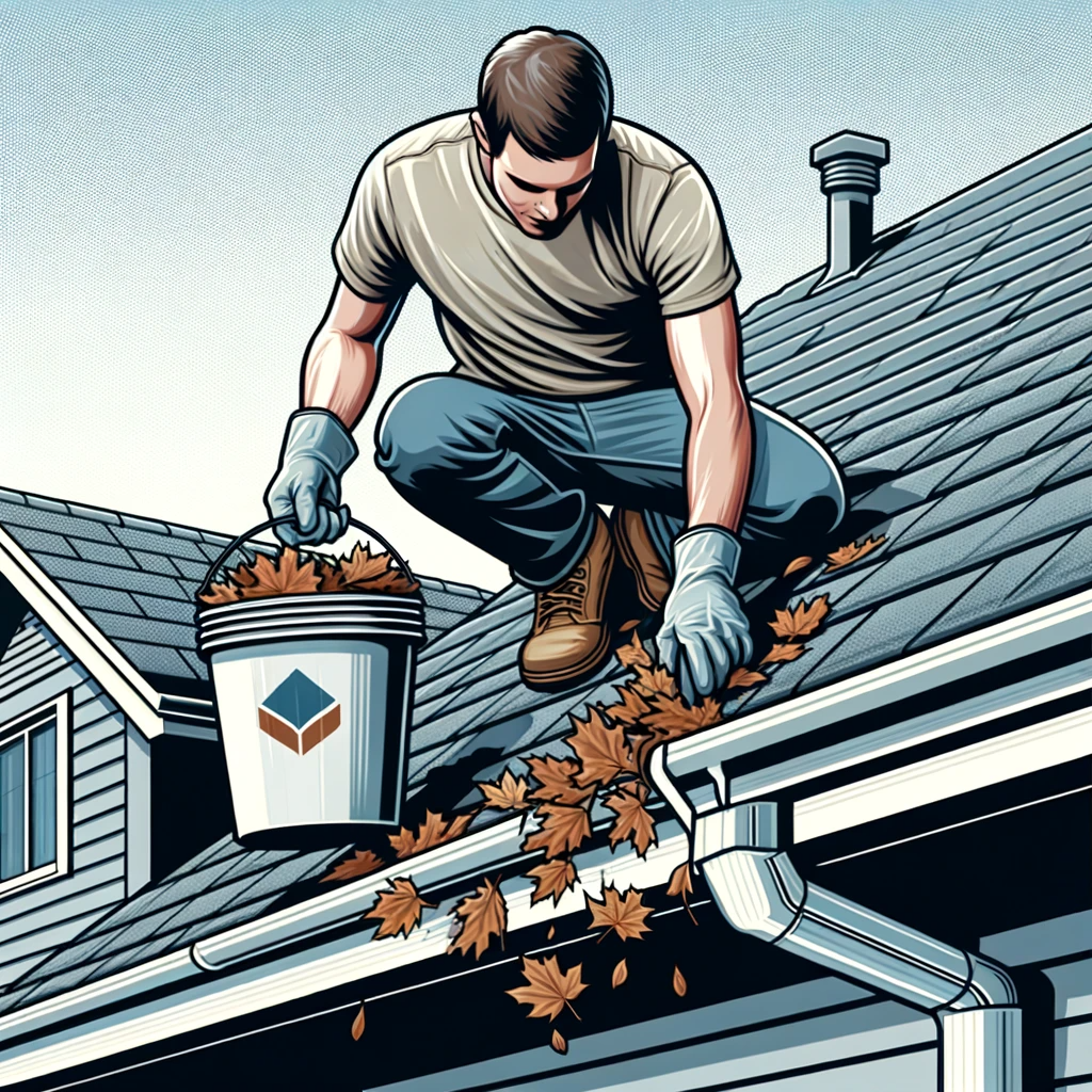 a man on the roof of a home cleaning out the gutters 