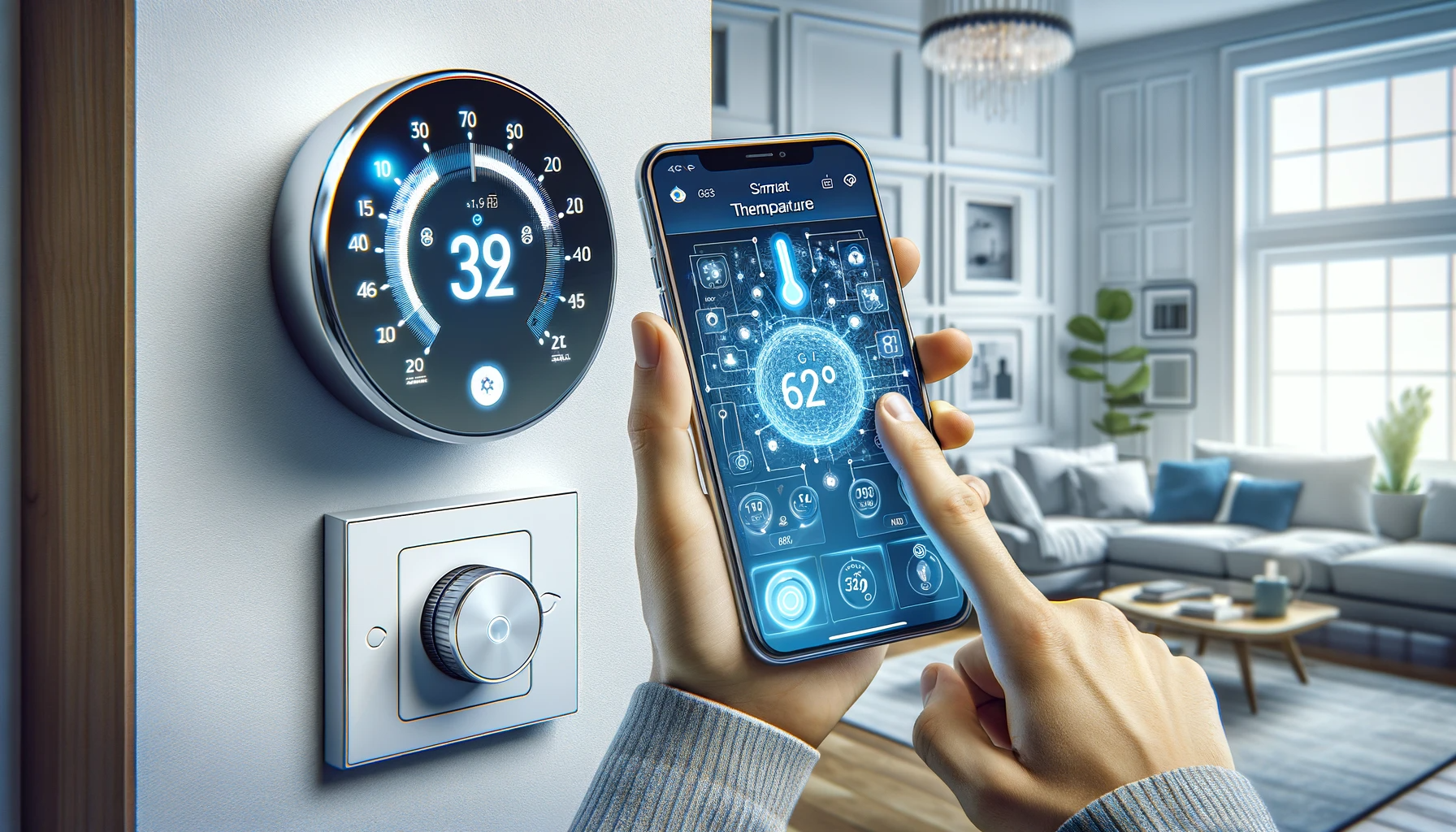 a  smart thermostat and smart phone with connected app 
