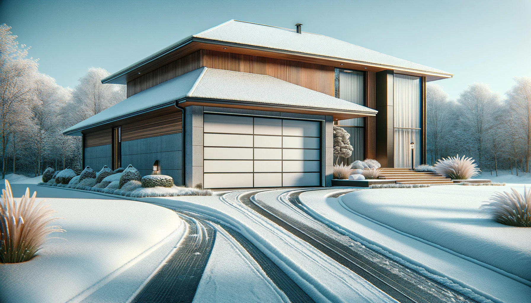 a picture of a modern home with snow in the drive way and a closed garage door