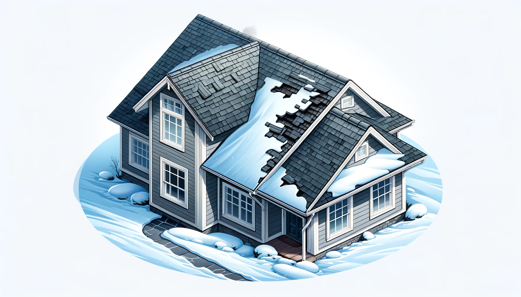 house in the snow with damaged shingles 