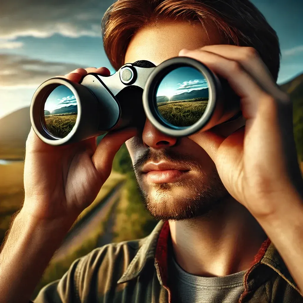 man looking through binoculars 